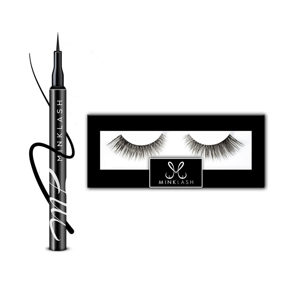 Kitul inovator 2-în-1 de la Mink Lash, conținând eyelinerul cu formulă adezivă și o pereche de gene de lux Faux Mink.