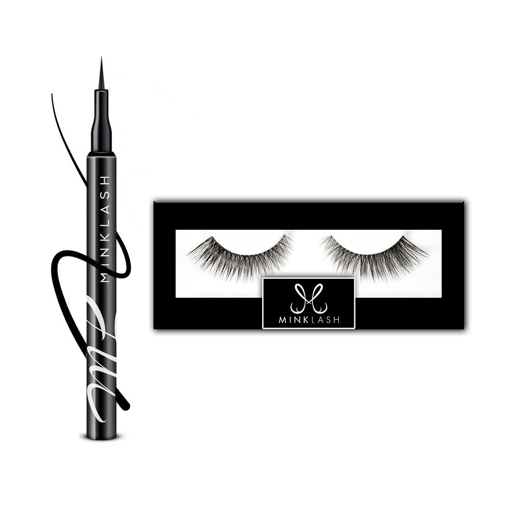 Kitul inovator 2-în-1 de la Mink Lash, conținând eyelinerul cu formulă adezivă și o pereche de gene de lux Faux Mink.