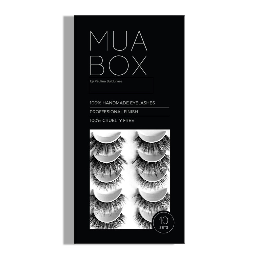 Cutia MUA BOX de la Mink Lash deschisă, prezentând colecția completă de 10 perechi de gene false profesionale, aranjate în interior.