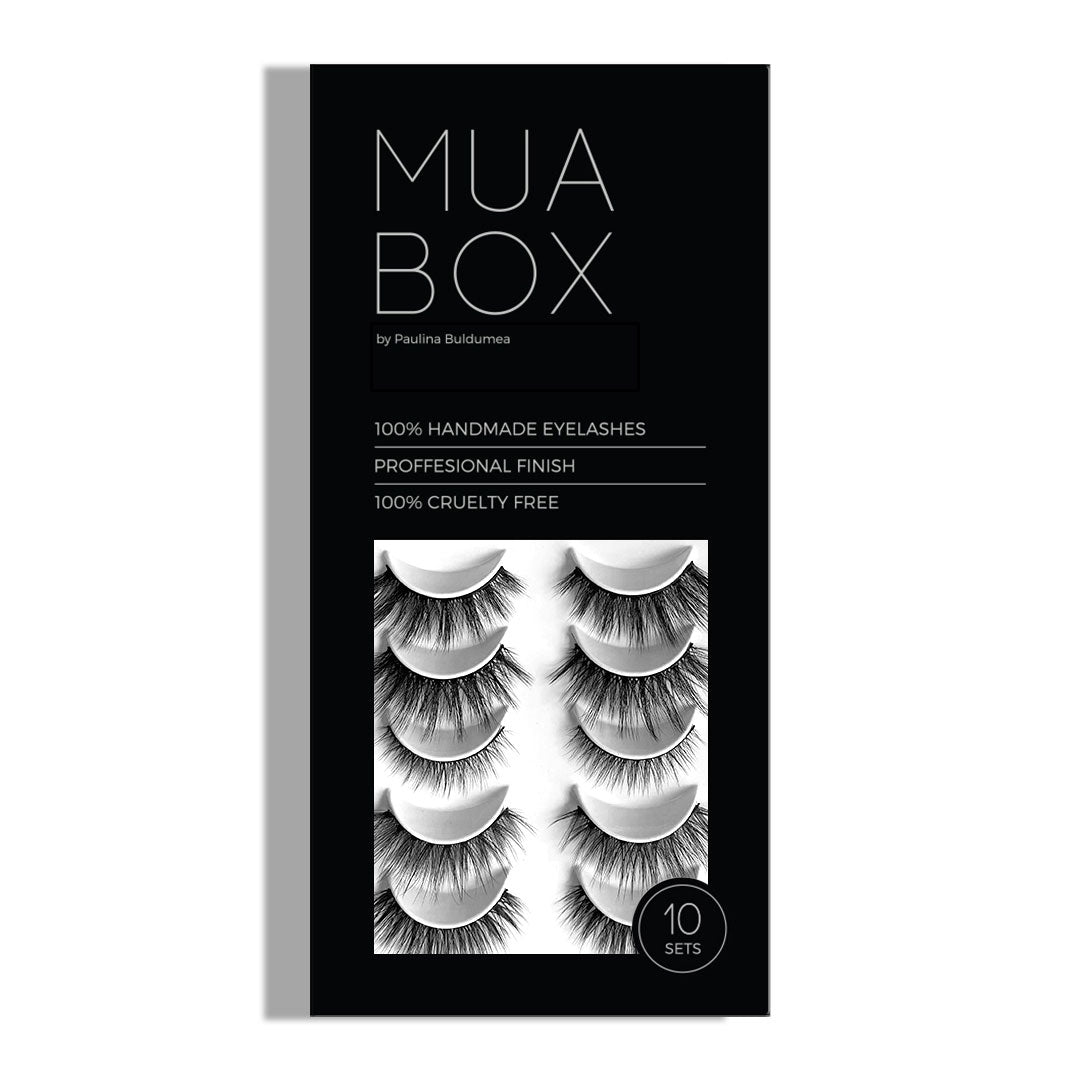 Cutia MUA BOX de la Mink Lash deschisă, prezentând colecția completă de 10 perechi de gene false profesionale, aranjate în interior.