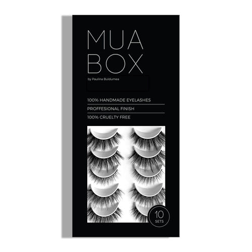Cutia MUA BOX de la Mink Lash deschisă, prezentând colecția completă de 10 perechi de gene false profesionale, aranjate în interior.